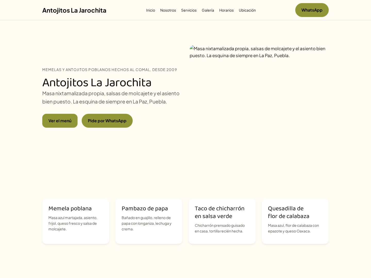 Demo taquería Antojitos La Jarochita — ejemplo de sitio de una página de TuNegocio